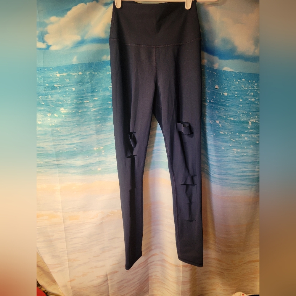 Alo Yoga Warrior Ripped Cut Slit Leg High Rise‎ Leggings Size XS Navy Blue